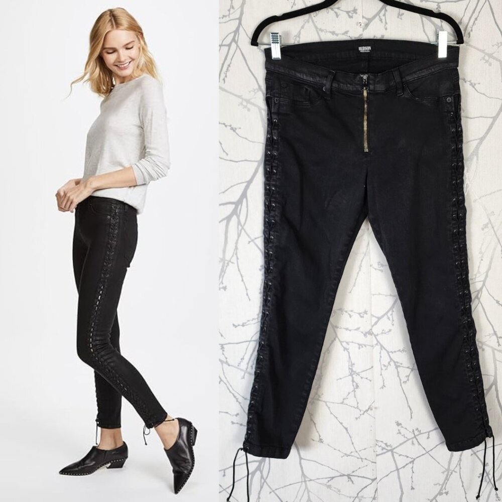 Hudson Black Cotton Stretch Lace Up Side Mid Rise Skinny Jeans